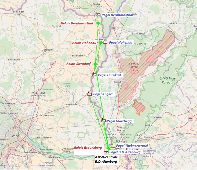 Kartenausschnitt - Überblick Funkstrecke an March, Thaya und Donau östlich Wien