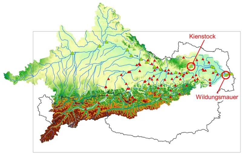 Darstellung des Donaueinzugsgebietes mit den Messstellen Kienstock und Wildungsmauer 
