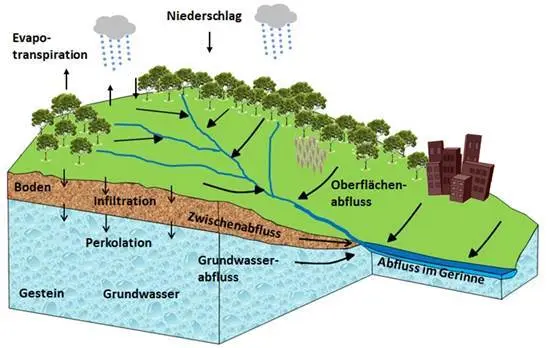 Grafik mit hydrologischem Kreislauf: Niederschlag, Oberflächenabfluss, Zwischenabfluss, Infiltration, Grundwasser